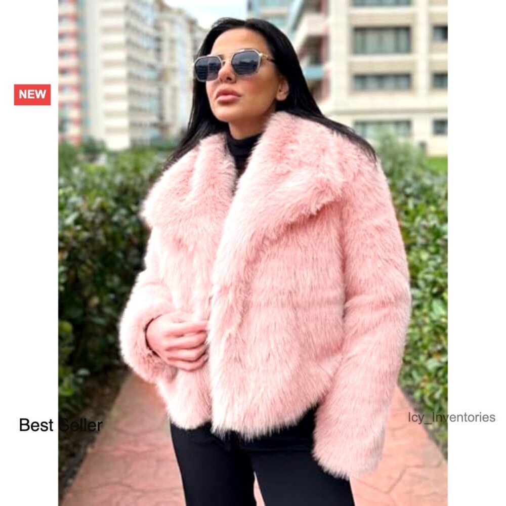 Faux Fur Coat Fluffy Shaggy Parka Elegant Winter Jacket Open Front Lapel - Picture 4 of 7